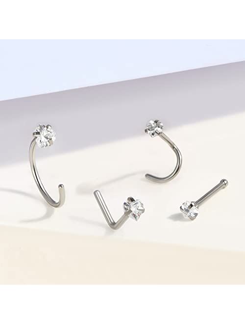 OUFER Nose Ring Hoop 8PCS 20G Nose Ring 316L Stainless Steel Clear CZ Nose Studs Screw L-Shaped Nose Piercing Jewelry Set