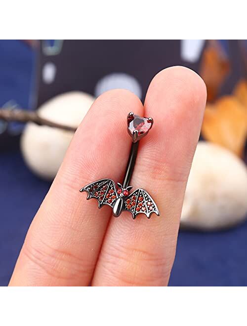 OUFER 14G Halloween Belly Button Rings 316L Surgical Steel Heart Red Gem Black Bat Belly Rings Navel Piercing Jewelry for Women Men Gifts