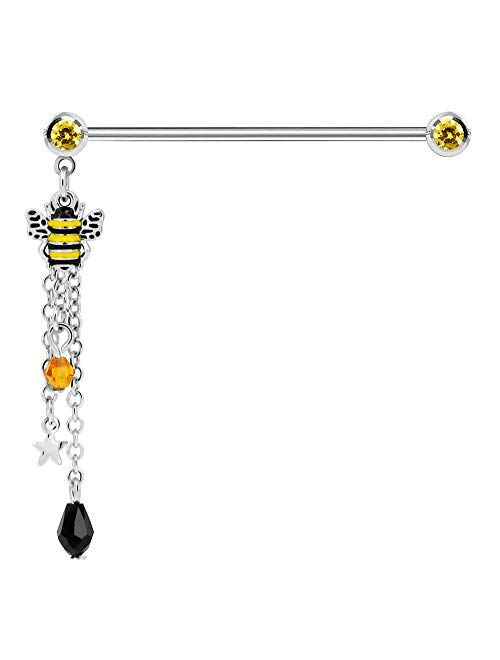 OUFER Bee Industrial Barbells 14G 316L Stainless Steel Industrial Barbells with Cute Bee Dangle Charms Piercing Jewelry