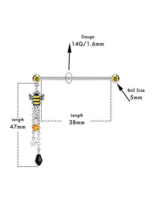 OUFER Bee Industrial Barbells 14G 316L Stainless Steel Industrial Barbells with Cute Bee Dangle Charms Piercing Jewelry