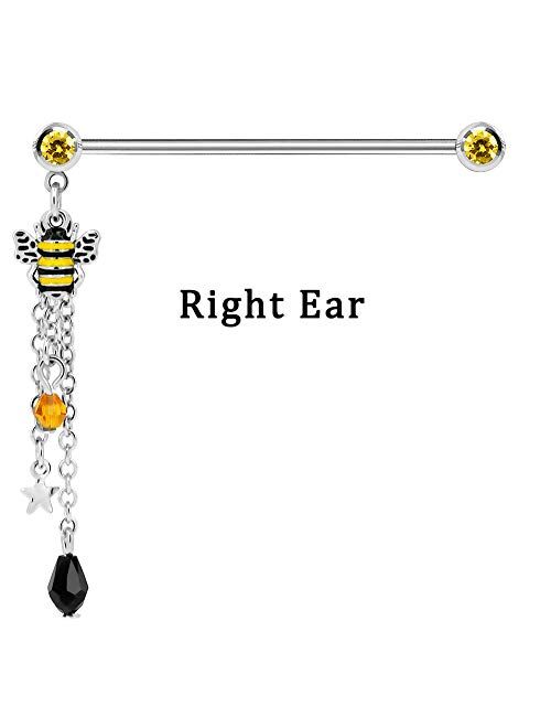 OUFER Bee Industrial Barbells 14G 316L Stainless Steel Industrial Barbells with Cute Bee Dangle Charms Piercing Jewelry