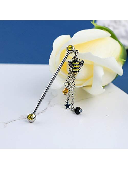 OUFER Bee Industrial Barbells 14G 316L Stainless Steel Industrial Barbells with Cute Bee Dangle Charms Piercing Jewelry