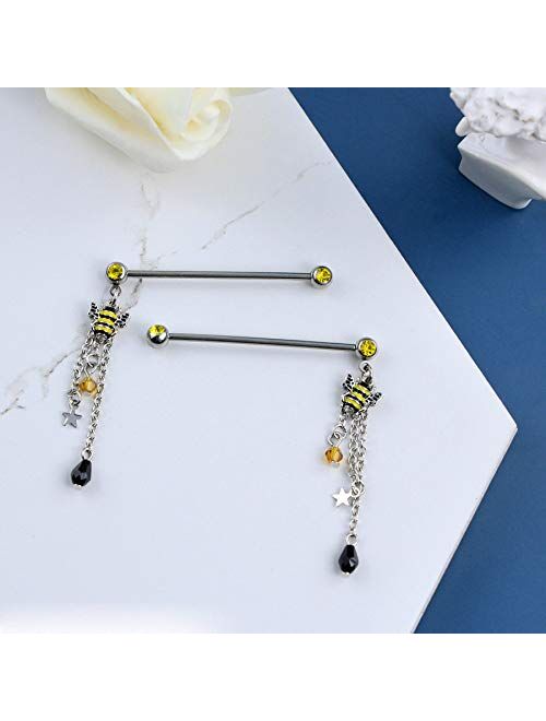 OUFER Bee Industrial Barbells 14G 316L Stainless Steel Industrial Barbells with Cute Bee Dangle Charms Piercing Jewelry