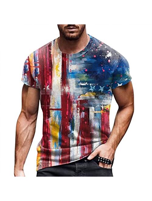 GUINE Shirts for Men Distressed American Flag 4th of July Shirt Short Sleeve USA Stars Stripes Flag Print Patriotic Shirt P3