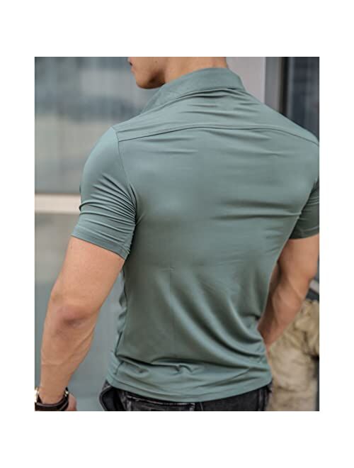 Beotyshow Men's Stretch Athletic Polo Shirt Slim Fitted Short Sleeve Muscle T-Shirts