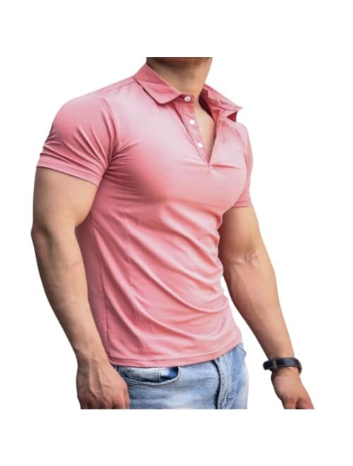 Beotyshow Men's Stretch Athletic Polo Shirt Slim Fitted Short Sleeve Muscle T-Shirts