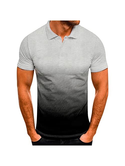 NaRHbrg Men Top, Men's Classic Short Sleeve Polo Shirt Button Casual Summer Slim Fit T-Shirts Gradient Printed Tops Beach Tees