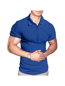 Angbater Mens Fashion Muscle T Shirt Athletic Workout Short Sleeve Zipper Polo Shirt Slim Fit Tee Shirt Top