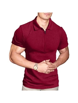 Angbater Mens Fashion Muscle T Shirt Athletic Workout Short Sleeve Zipper Polo Shirt Slim Fit Tee Shirt Top