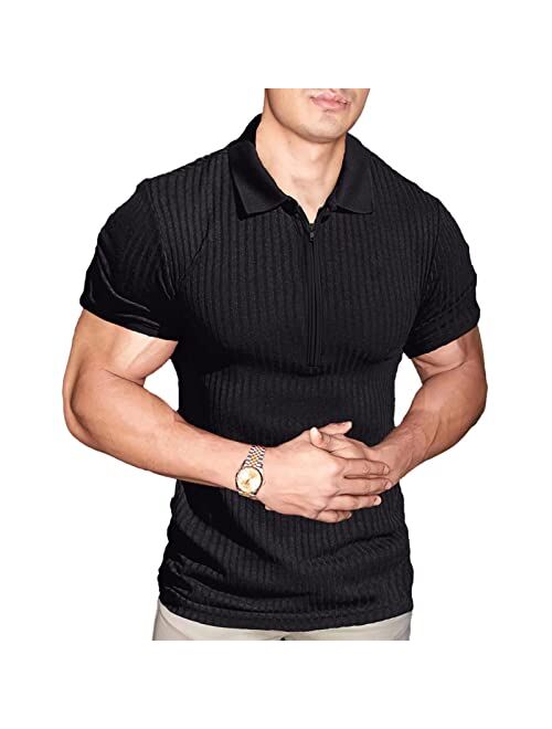 Angbater Mens Fashion Muscle T Shirt Athletic Workout Short Sleeve Zipper Polo Shirt Slim Fit Tee Shirt Top