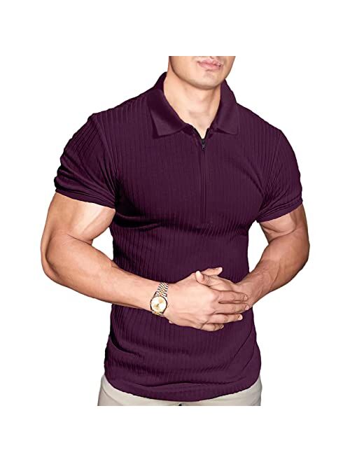 Angbater Mens Fashion Muscle T Shirt Athletic Workout Short Sleeve Zipper Polo Shirt Slim Fit Tee Shirt Top