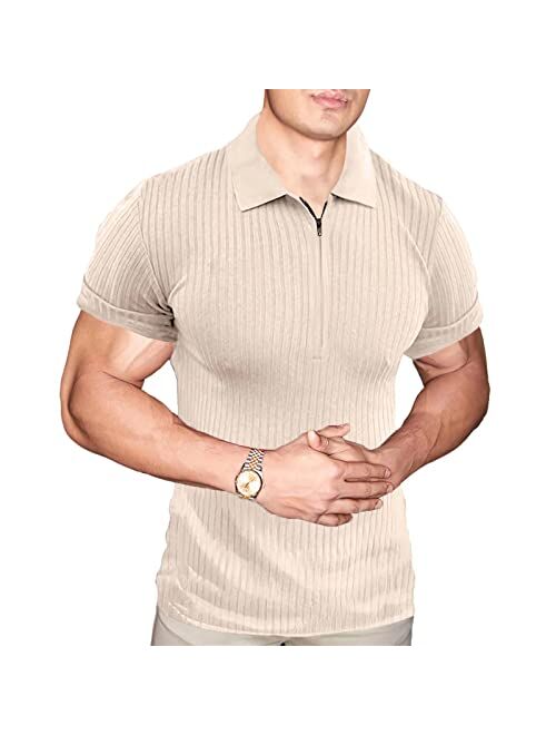 Angbater Mens Fashion Muscle T Shirt Athletic Workout Short Sleeve Zipper Polo Shirt Slim Fit Tee Shirt Top