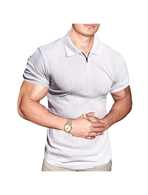 Angbater Mens Fashion Muscle T Shirt Athletic Workout Short Sleeve Zipper Polo Shirt Slim Fit Tee Shirt Top