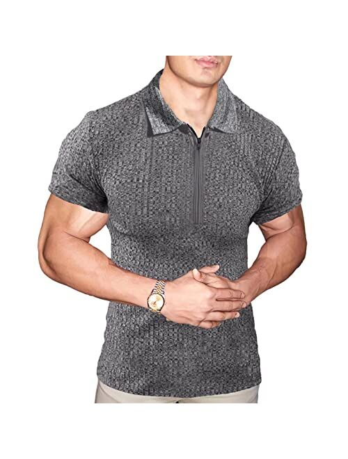 Angbater Mens Fashion Muscle T Shirt Athletic Workout Short Sleeve Zipper Polo Shirt Slim Fit Tee Shirt Top