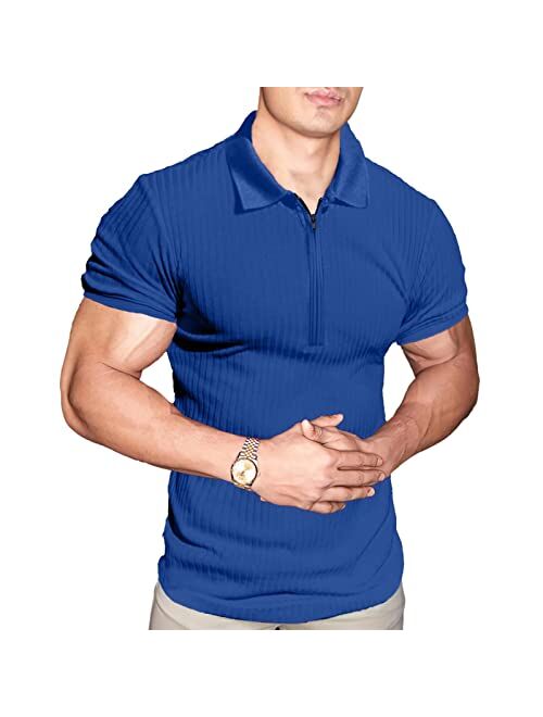 Angbater Mens Fashion Muscle T Shirt Athletic Workout Short Sleeve Zipper Polo Shirt Slim Fit Tee Shirt Top