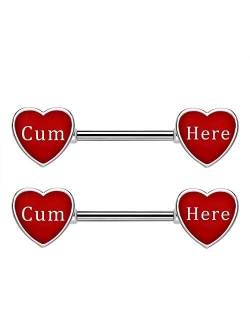 Cum Here Nipplerings Barbells 14G 316L Stainless Steel Melting Heart Shaped Nipple Piercing Jewelry Letter Heart Bar Barbell Body Piercing for Women Men