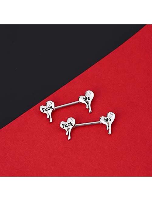 OUFER Cum Here Nipplerings Barbells 14G 316L Stainless Steel Melting Heart Shaped Nipple Piercing Jewelry Letter Heart Bar Barbell Body Piercing for Women Men