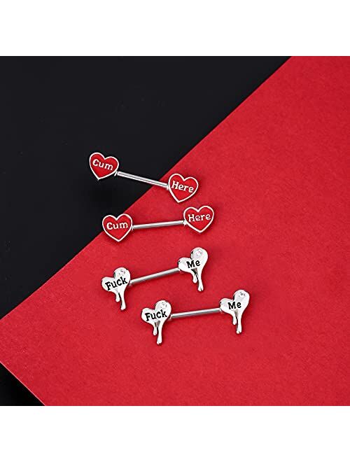 OUFER Cum Here Nipplerings Barbells 14G 316L Stainless Steel Melting Heart Shaped Nipple Piercing Jewelry Letter Heart Bar Barbell Body Piercing for Women Men