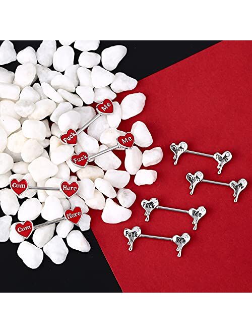 OUFER Cum Here Nipplerings Barbells 14G 316L Stainless Steel Melting Heart Shaped Nipple Piercing Jewelry Letter Heart Bar Barbell Body Piercing for Women Men