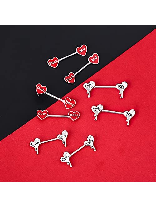 OUFER Cum Here Nipplerings Barbells 14G 316L Stainless Steel Melting Heart Shaped Nipple Piercing Jewelry Letter Heart Bar Barbell Body Piercing for Women Men