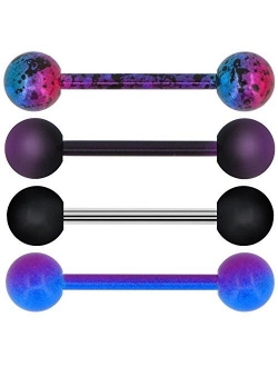 4 PCS Stainless Steel 14G Barbell Tongue Rings Purple Black Splatter Tongue Barbell Tongue Piercing Jewelry