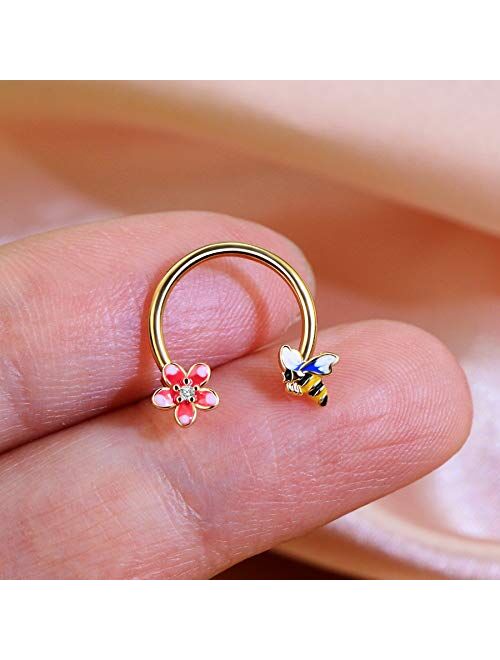 OUFER Bee Septum Piercings 16G 316L Surgical Steel Daith Earrings Cartilage Earrings Hoop Cute Bee Flower Captive Bead Rings Tragus Rook Helix Piercing Rings