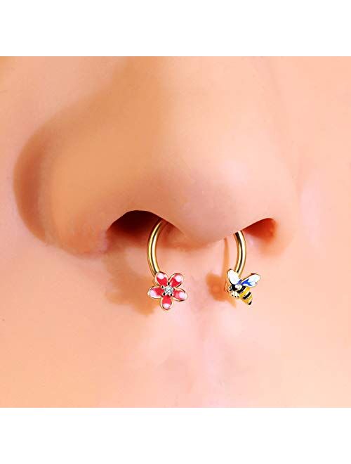 OUFER Bee Septum Piercings 16G 316L Surgical Steel Daith Earrings Cartilage Earrings Hoop Cute Bee Flower Captive Bead Rings Tragus Rook Helix Piercing Rings