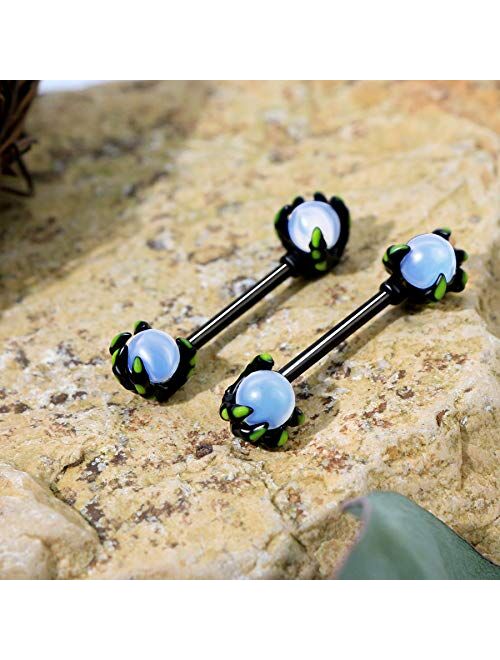 OUFER 14G Nipplerings 316L Surgical Steel 2PCS White Opals Surrounded by Dragon Claws Nipple Barbell Piercing Jewelry