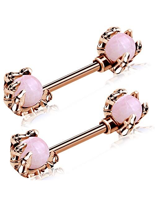 OUFER 14G Nipplerings 316L Surgical Steel 2PCS White Opals Surrounded by Dragon Claws Nipple Barbell Piercing Jewelry