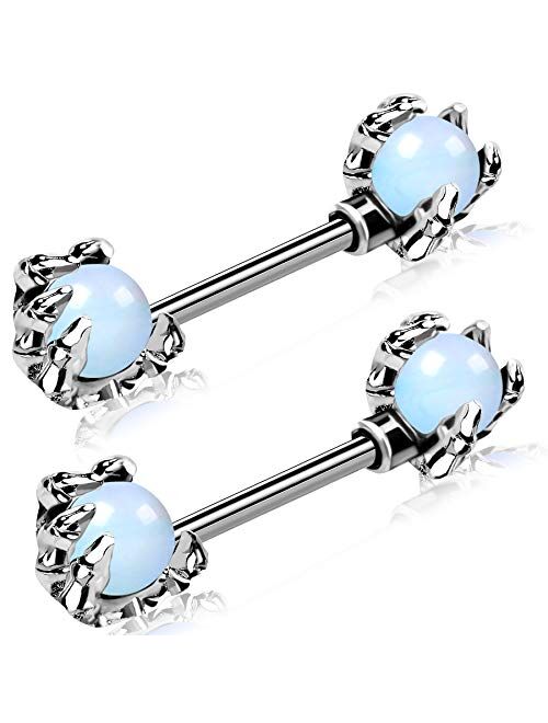 OUFER 14G Nipplerings 316L Surgical Steel 2PCS White Opals Surrounded by Dragon Claws Nipple Barbell Piercing Jewelry