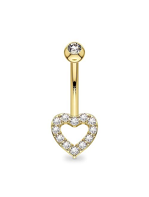 OUFER Gold Navel Rings 14K Solid Gold Belly Button Rings Heart Shiny Clear CZ Belly Piercing Jewelry Belly Rings