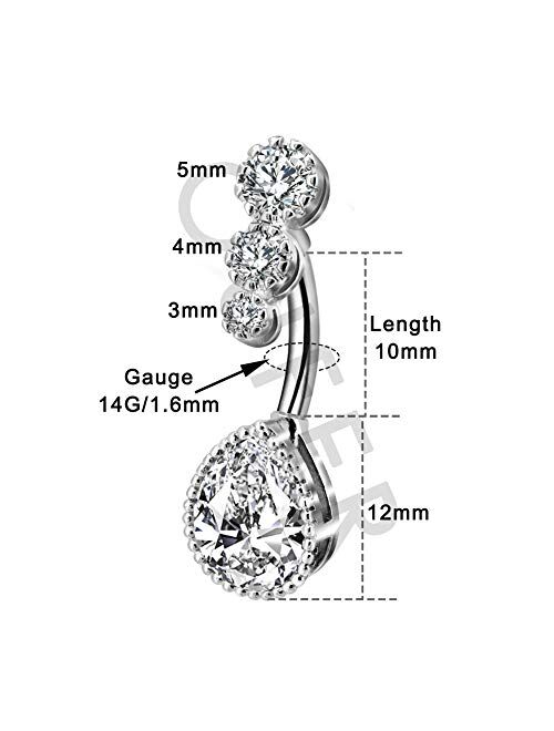 OUFER Belly Rings 316L Stainless Steel Belly Button Rings Clear Teardrop CZ Navel Belly Piercing