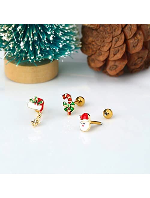 OUFER 16G 3pcs Christmas Helix Studs Pack Tragus Piercing Jewelry Cartilage Ear Piercing Conch Ring Earring for Top of Ear Forward Helix Cartlidge Earrings Women Gifts