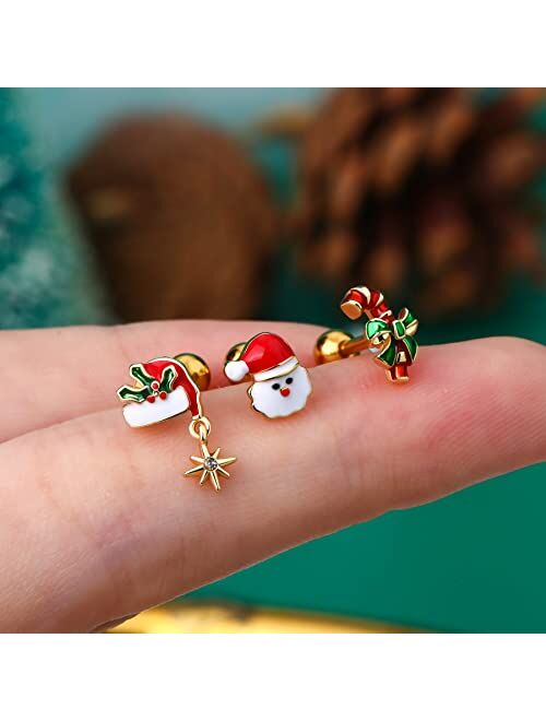 OUFER 16G 3pcs Christmas Helix Studs Pack Tragus Piercing Jewelry Cartilage Ear Piercing Conch Ring Earring for Top of Ear Forward Helix Cartlidge Earrings Women Gifts