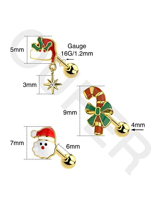 OUFER 16G 3pcs Christmas Helix Studs Pack Tragus Piercing Jewelry Cartilage Ear Piercing Conch Ring Earring for Top of Ear Forward Helix Cartlidge Earrings Women Gifts