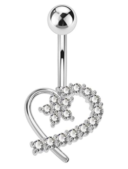 14G Navel Rings,316L Surgical Steel Heart Shaped Belly Button Rings, Clear CZ Paved Belly Piercing Jewelry for Women