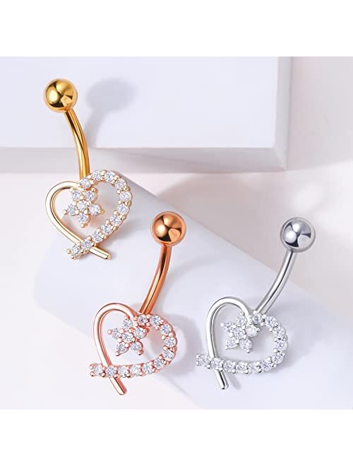 OUFER 14G Navel Rings,316L Surgical Steel Heart Shaped Belly Button Rings, Clear CZ Paved Belly Piercing Jewelry for Women