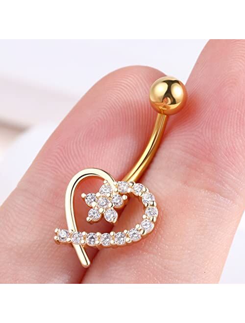 OUFER 14G Navel Rings,316L Surgical Steel Heart Shaped Belly Button Rings, Clear CZ Paved Belly Piercing Jewelry for Women