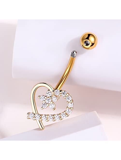 OUFER 14G Navel Rings,316L Surgical Steel Heart Shaped Belly Button Rings, Clear CZ Paved Belly Piercing Jewelry for Women