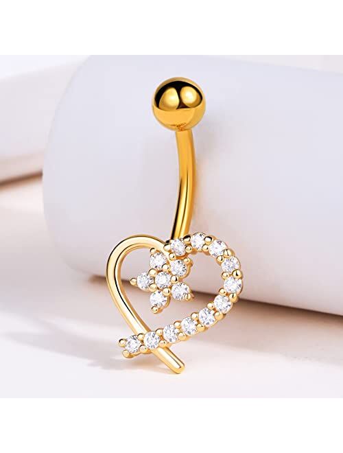 OUFER 14G Navel Rings,316L Surgical Steel Heart Shaped Belly Button Rings, Clear CZ Paved Belly Piercing Jewelry for Women