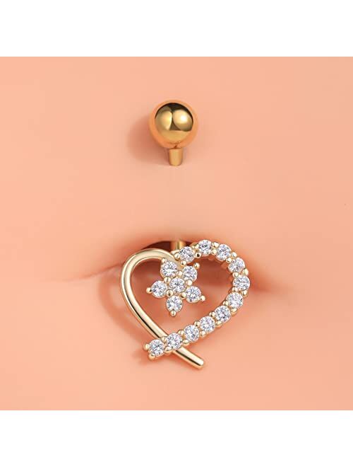 OUFER 14G Navel Rings,316L Surgical Steel Heart Shaped Belly Button Rings, Clear CZ Paved Belly Piercing Jewelry for Women