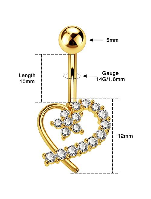 OUFER 14G Navel Rings,316L Surgical Steel Heart Shaped Belly Button Rings, Clear CZ Paved Belly Piercing Jewelry for Women