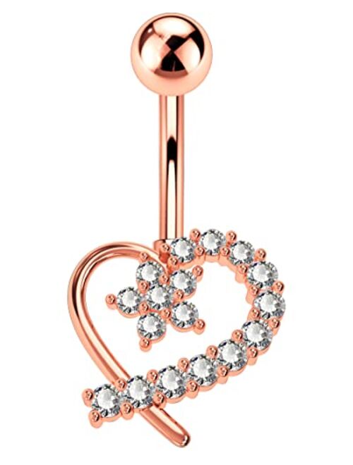 OUFER 14G Navel Rings,316L Surgical Steel Heart Shaped Belly Button Rings, Clear CZ Paved Belly Piercing Jewelry for Women