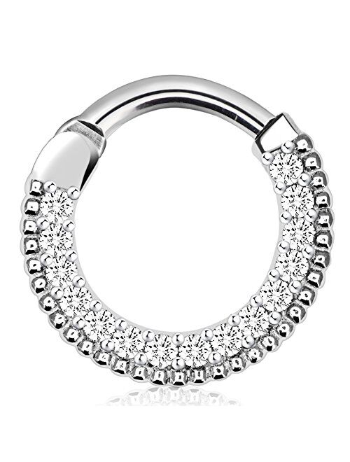 OUFER 16G 316L Stainless Steel 15 CZ Paved Septum Clicker Nose Ring Clicker Body Piercing