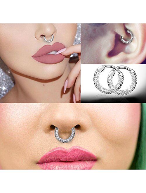 OUFER 16G 316L Stainless Steel 15 CZ Paved Septum Clicker Nose Ring Clicker Body Piercing