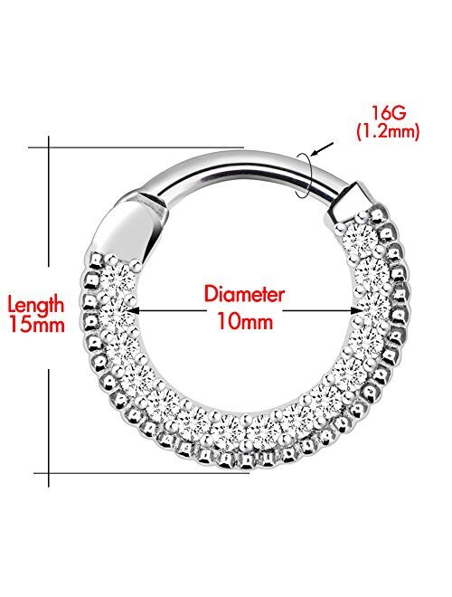 OUFER 16G 316L Stainless Steel 15 CZ Paved Septum Clicker Nose Ring Clicker Body Piercing