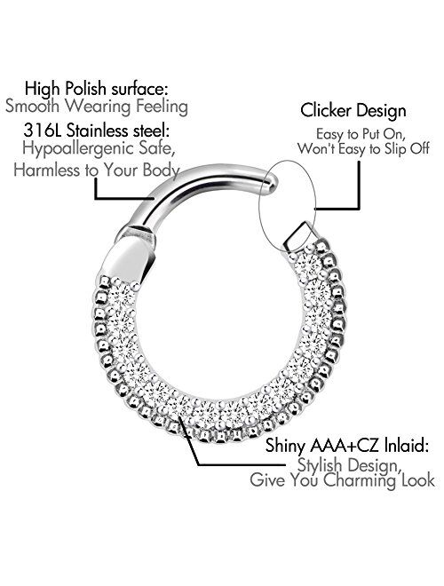 OUFER 16G 316L Stainless Steel 15 CZ Paved Septum Clicker Nose Ring Clicker Body Piercing