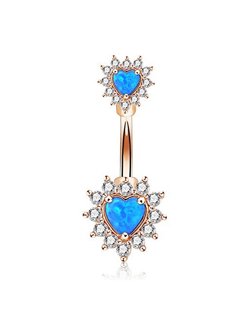 OUFER 14G Double Heart Opal Center CZ Filigree Belly Button Rings 316L Surgical Steel Navel Rings Belly Piercing