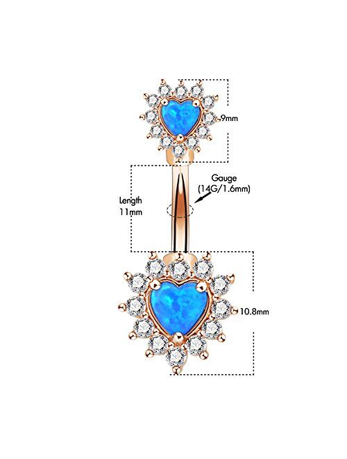 OUFER 14G Double Heart Opal Center CZ Filigree Belly Button Rings 316L Surgical Steel Navel Rings Belly Piercing