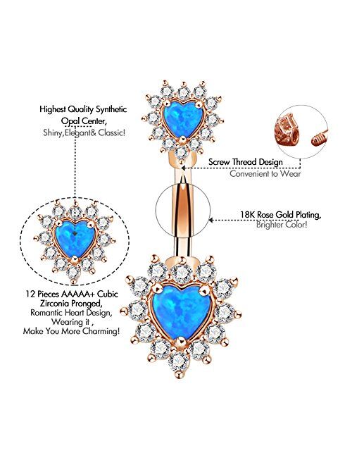 OUFER 14G Double Heart Opal Center CZ Filigree Belly Button Rings 316L Surgical Steel Navel Rings Belly Piercing